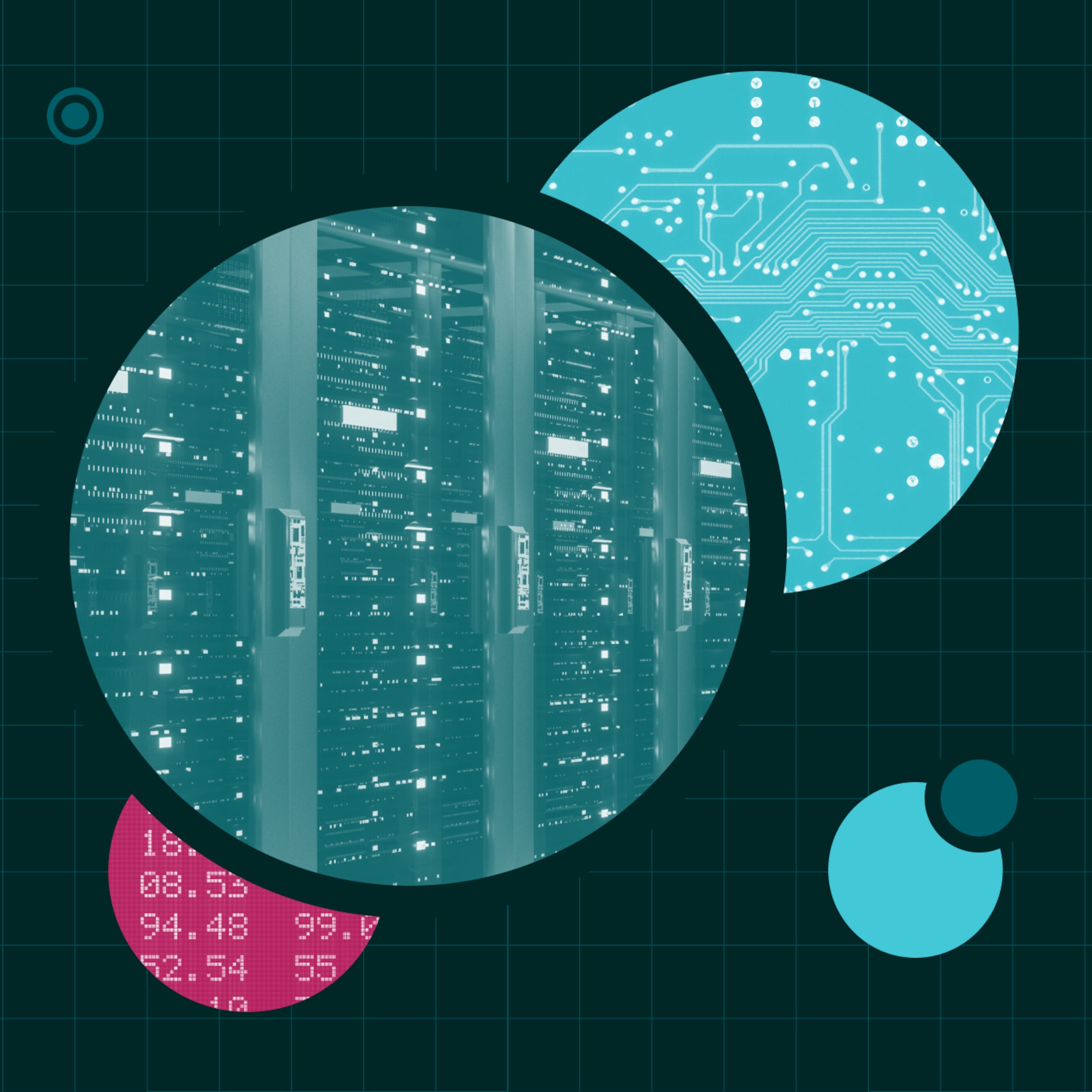 Technology DatabaseCenter Scatterplot Collage illustration featuring imagery of technology database center and semiconductors on a scatterplot.