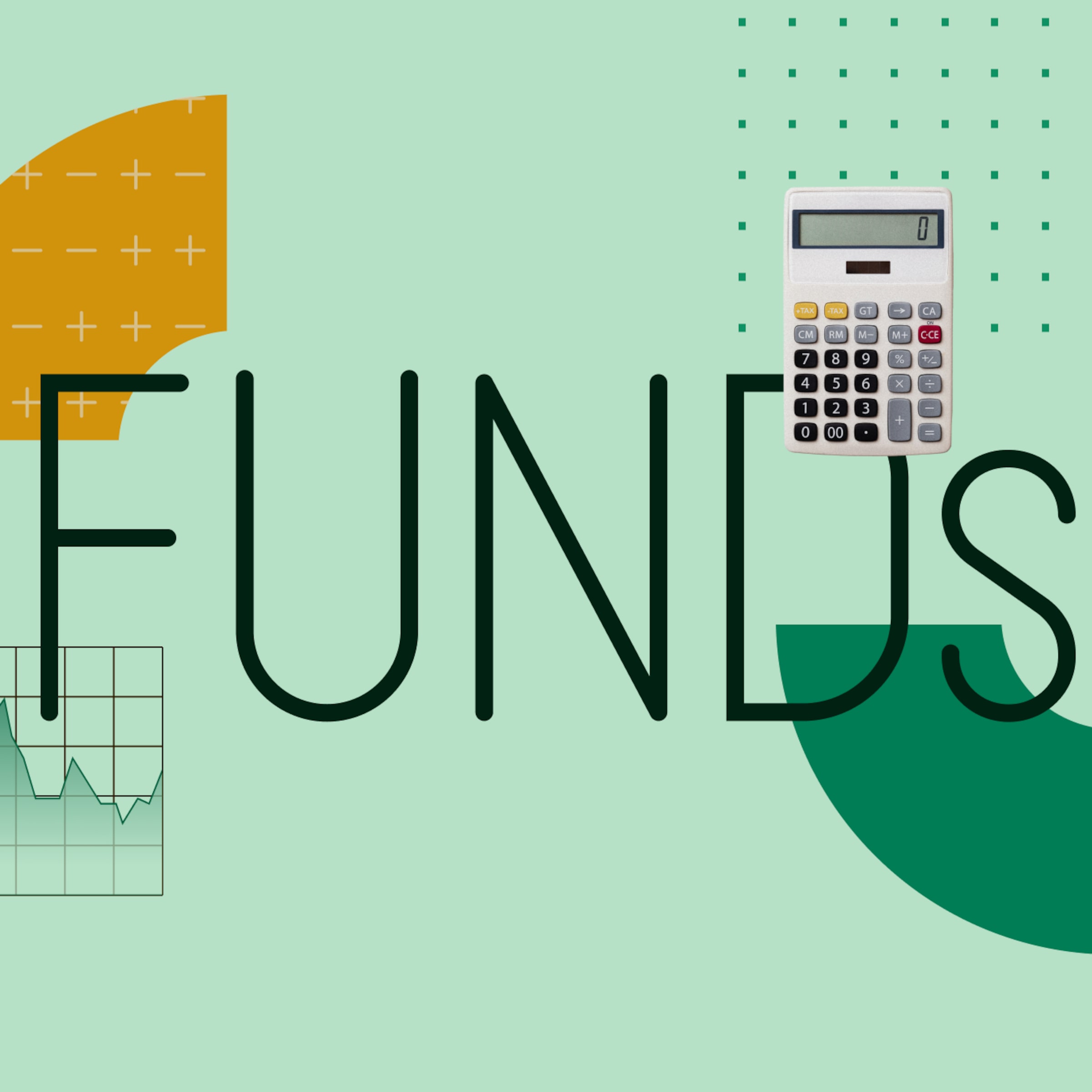 Funds Collage illustration with the text "Funds" at the center and a portfolio and graphical elements in the background.