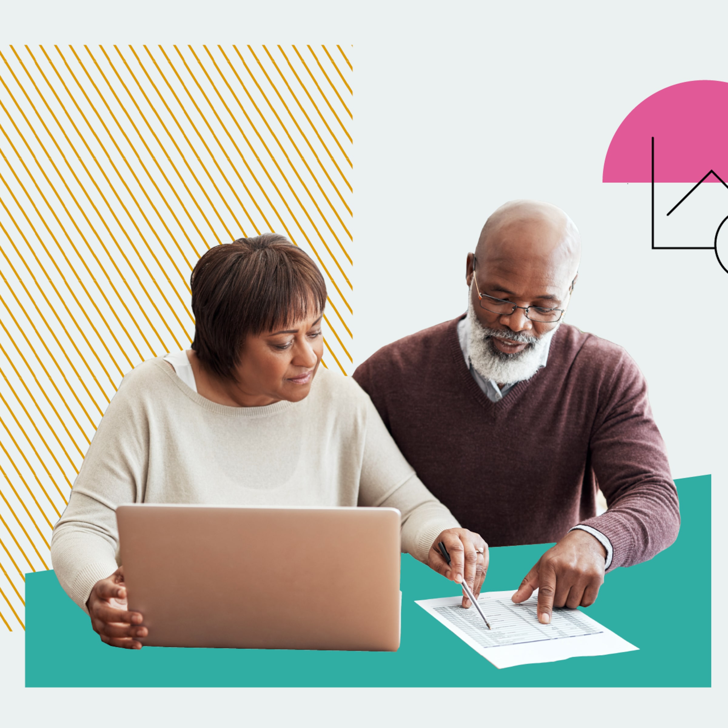 Retirement Planning Couple Illustration of a couple sitting together, reviewing computer screens and paperwork. A speech bubble with a percentage symbol and an upward arrow icon appear in the background.
