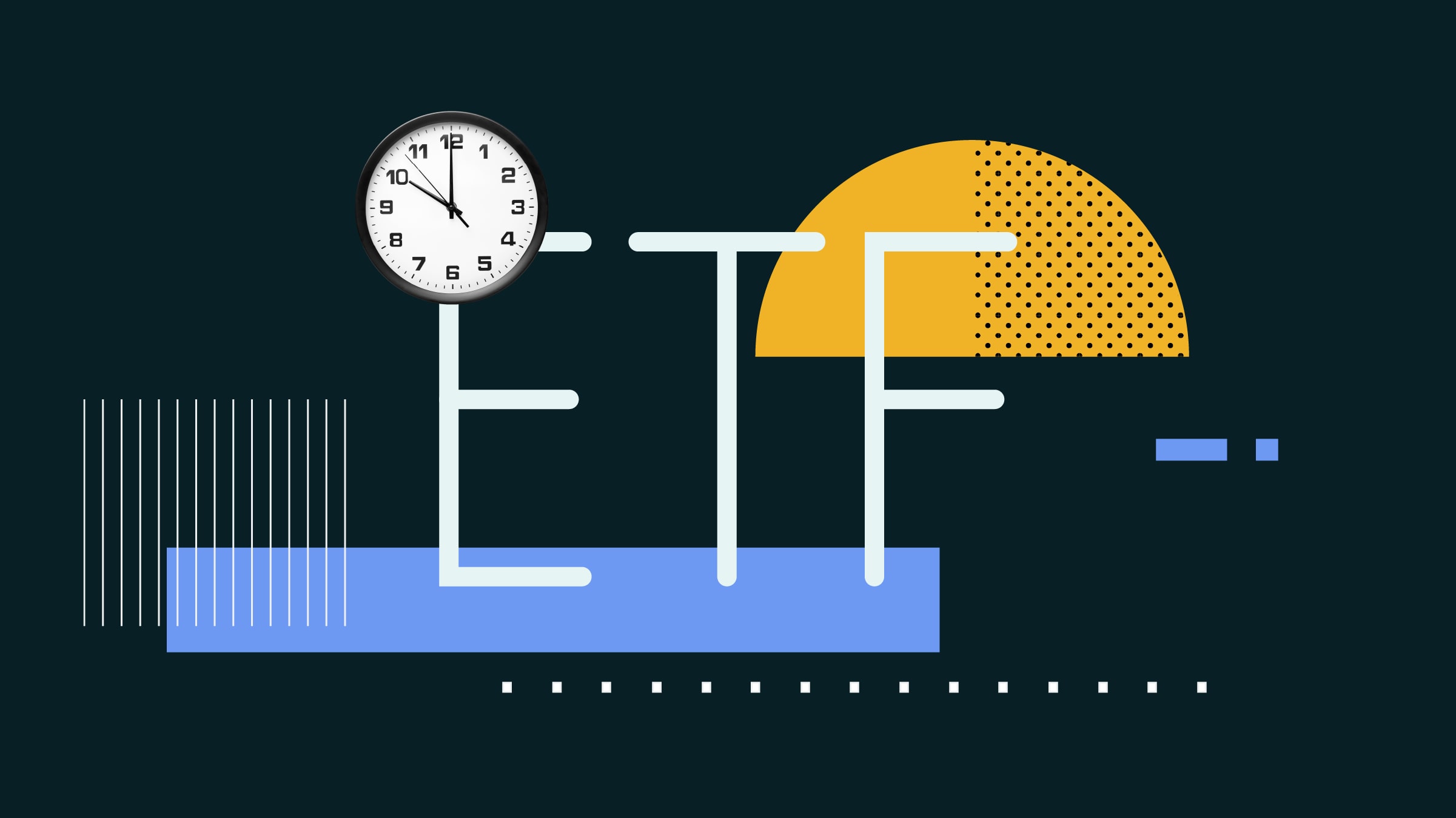 ETF 03 Collage illustration of the word "ETF" with a clock and shapes in the background.